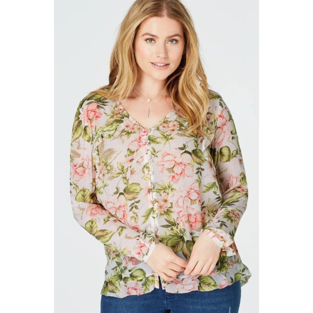 JJill Womens XL Floral Chiffon Ruffle Button Front Blouse‎ Pink Green Cream